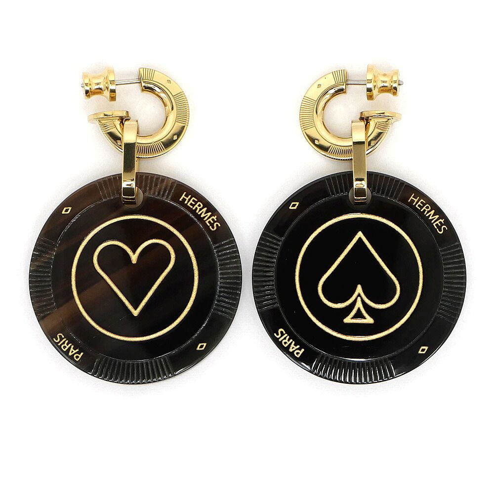 Hermes Earrings Fete Vojeux Heart Spade Buffalo Horn Gold