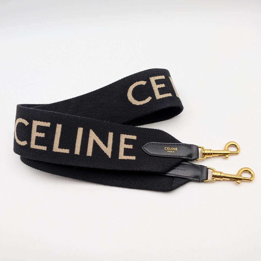 Celine Shoulder Strap Jacquard Logo Leather Canvas Black Gold Not Adjustable
