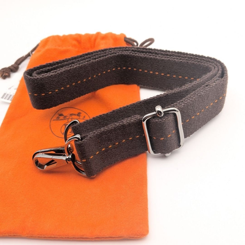 Hermes Shoulder Strap Canvas Caravan Horizontal Dark Brown Silver Adjustable