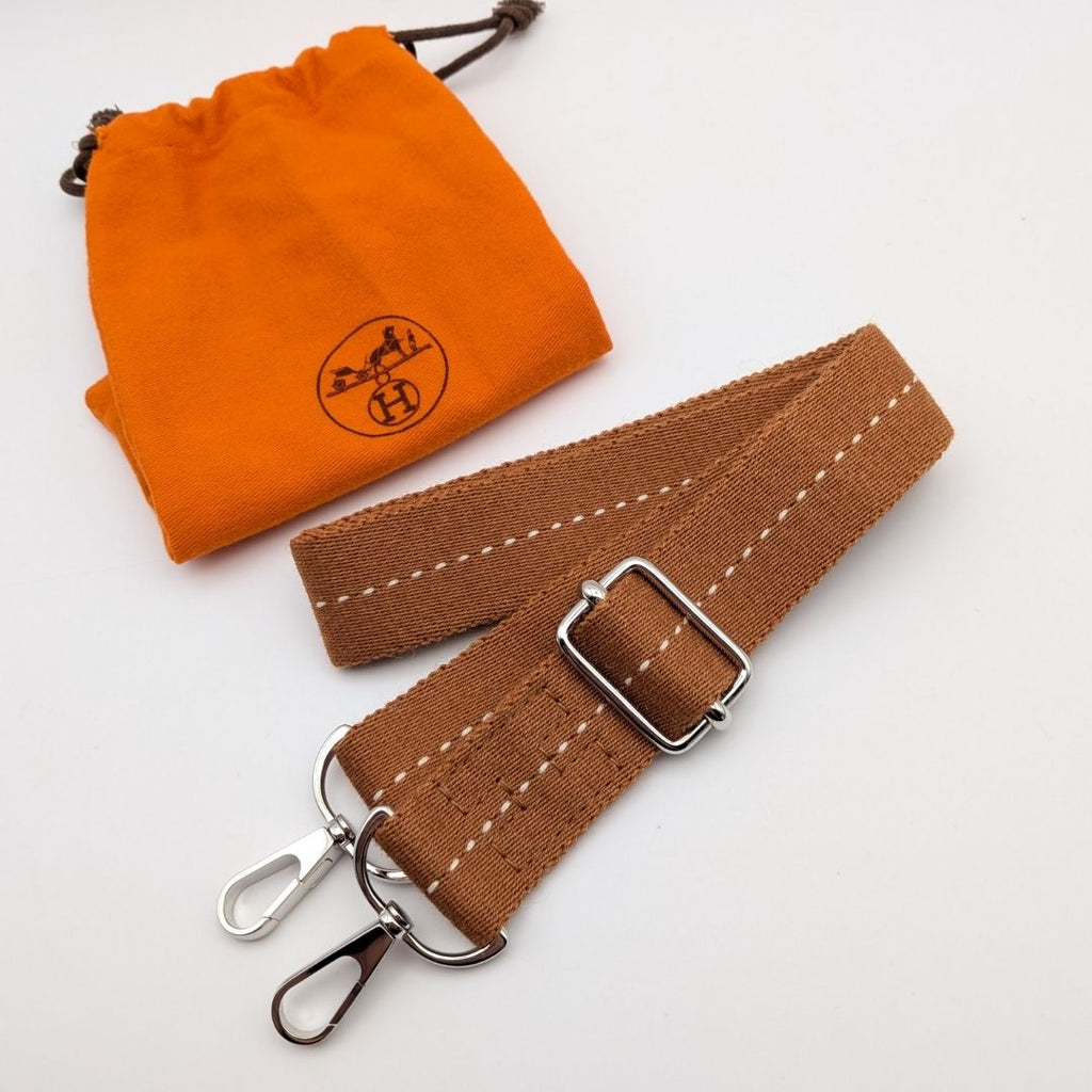 Hermes Shoulder Strap Canvas Caravan Horizontal Brown Camel Silver Adjustable