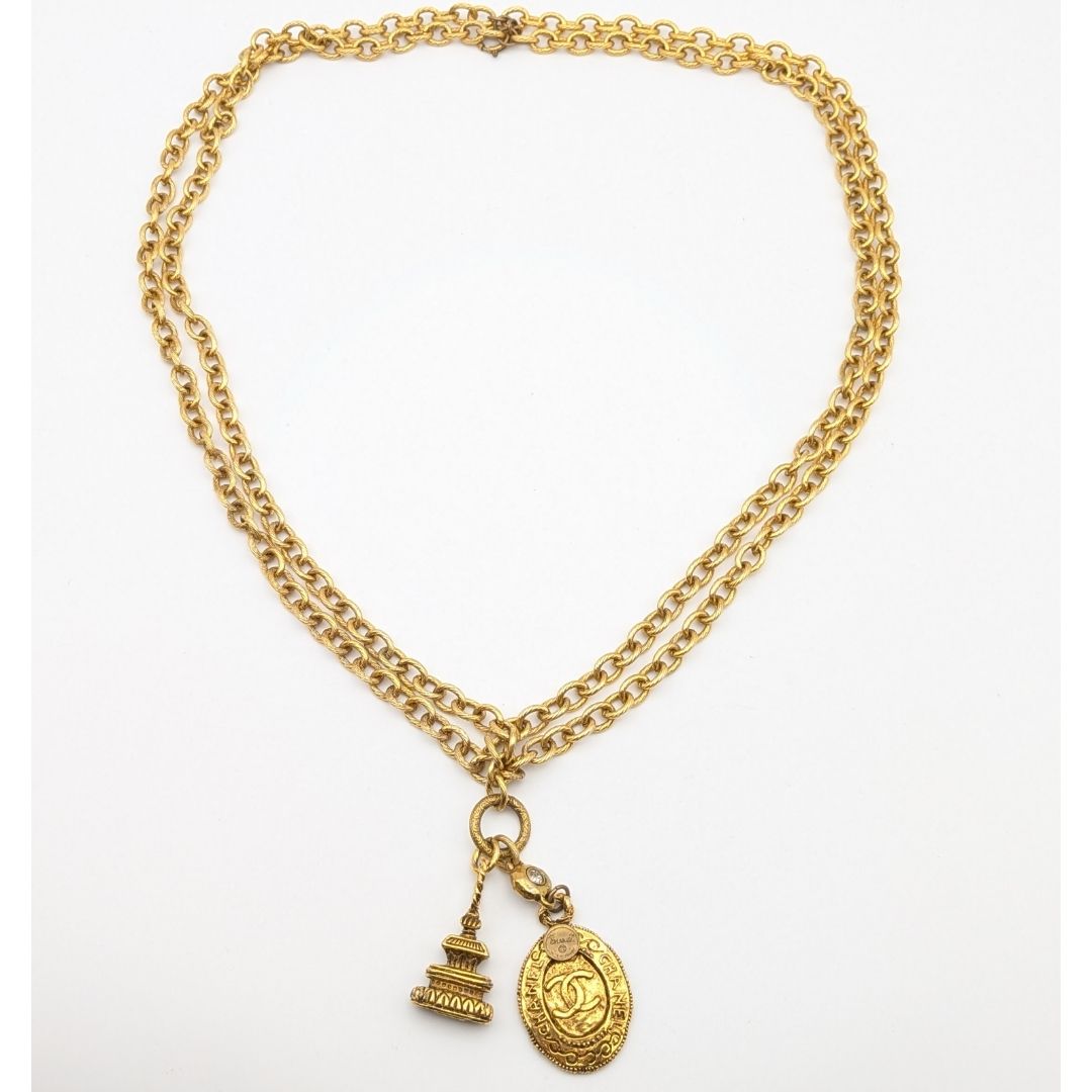 Chanel CC Logo Pagoda Temple Gold Rhinestone Double Chain Necklace First — view 7