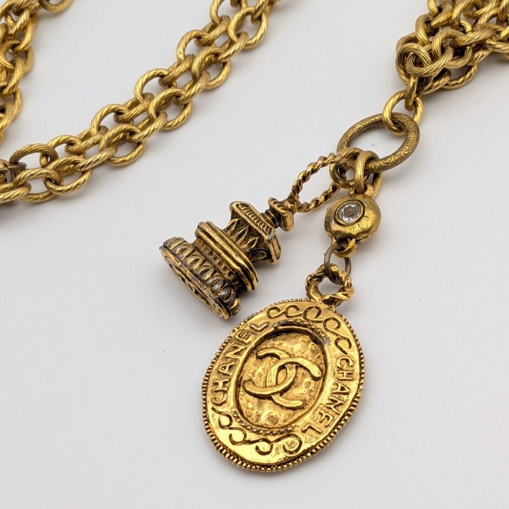 Chanel CC Logo Pagoda Temple Gold Rhinestone Double Chain Necklace First