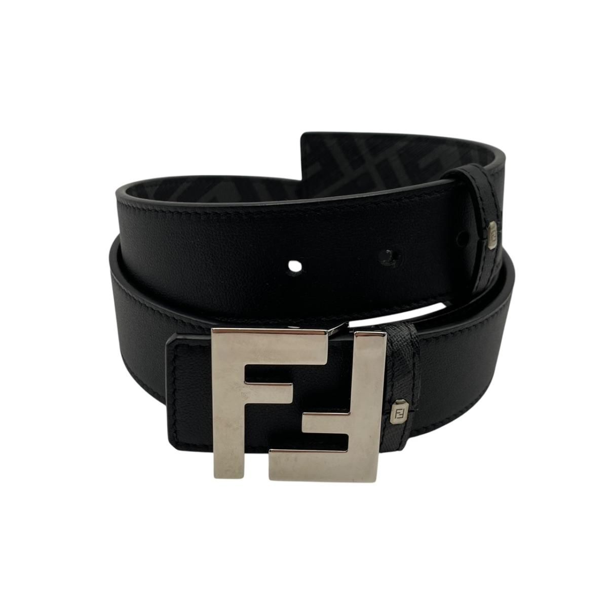 Fendi Belt FF Square Reversible Black Gray Leather Silver