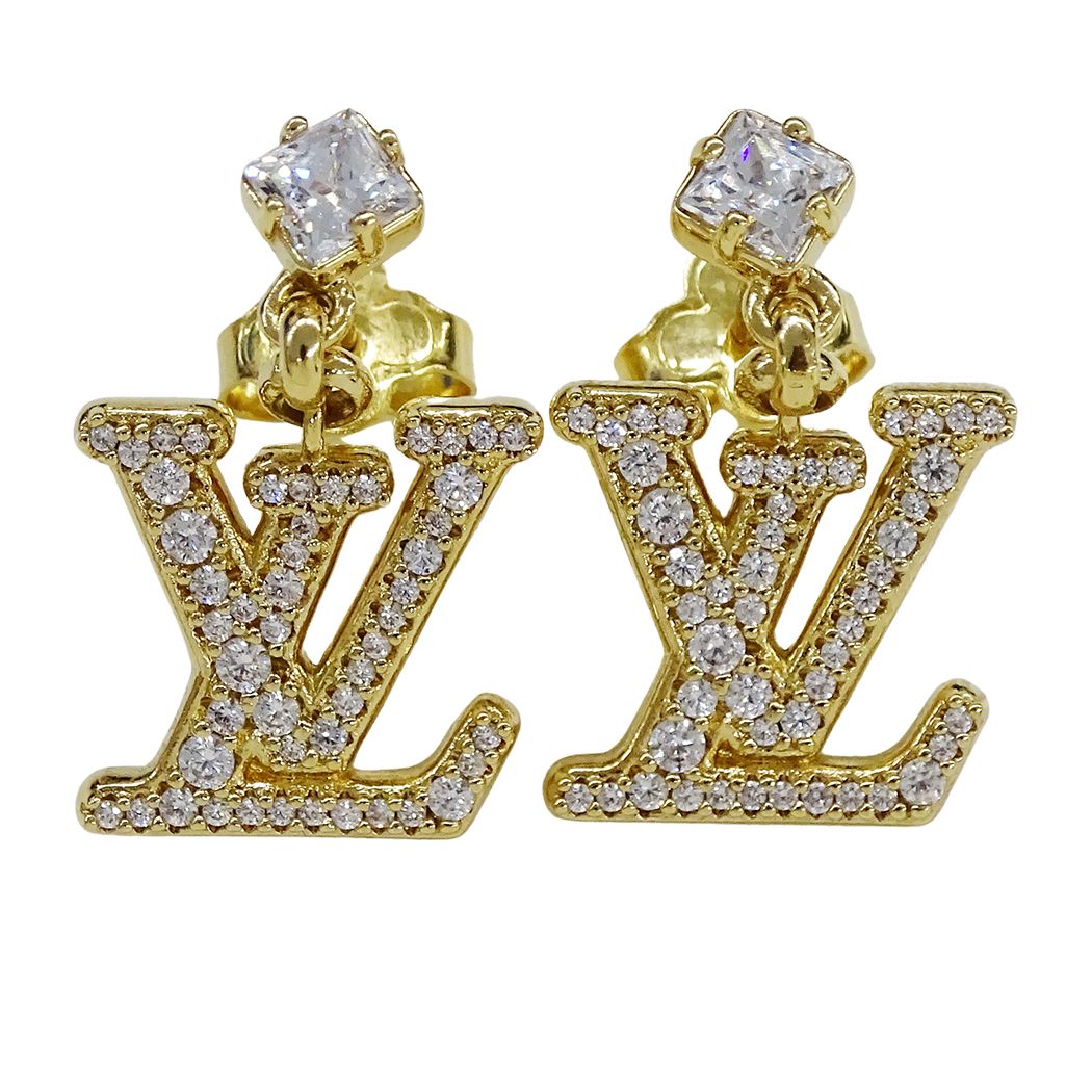 Louis Vuitton Earrings Metal Rhinestone LV Gold