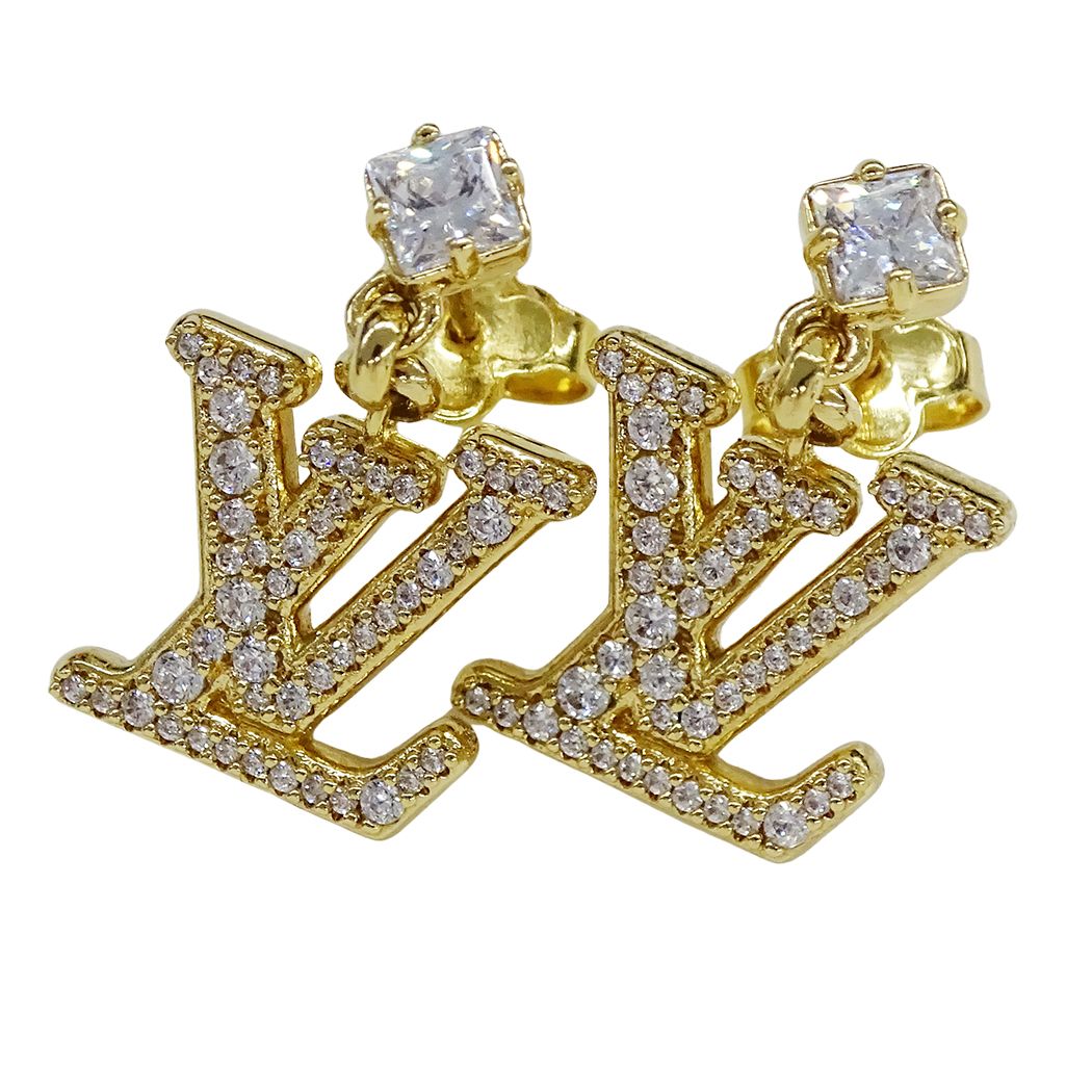 Louis Vuitton Earrings Metal Rhinestone LV Gold — view 3
