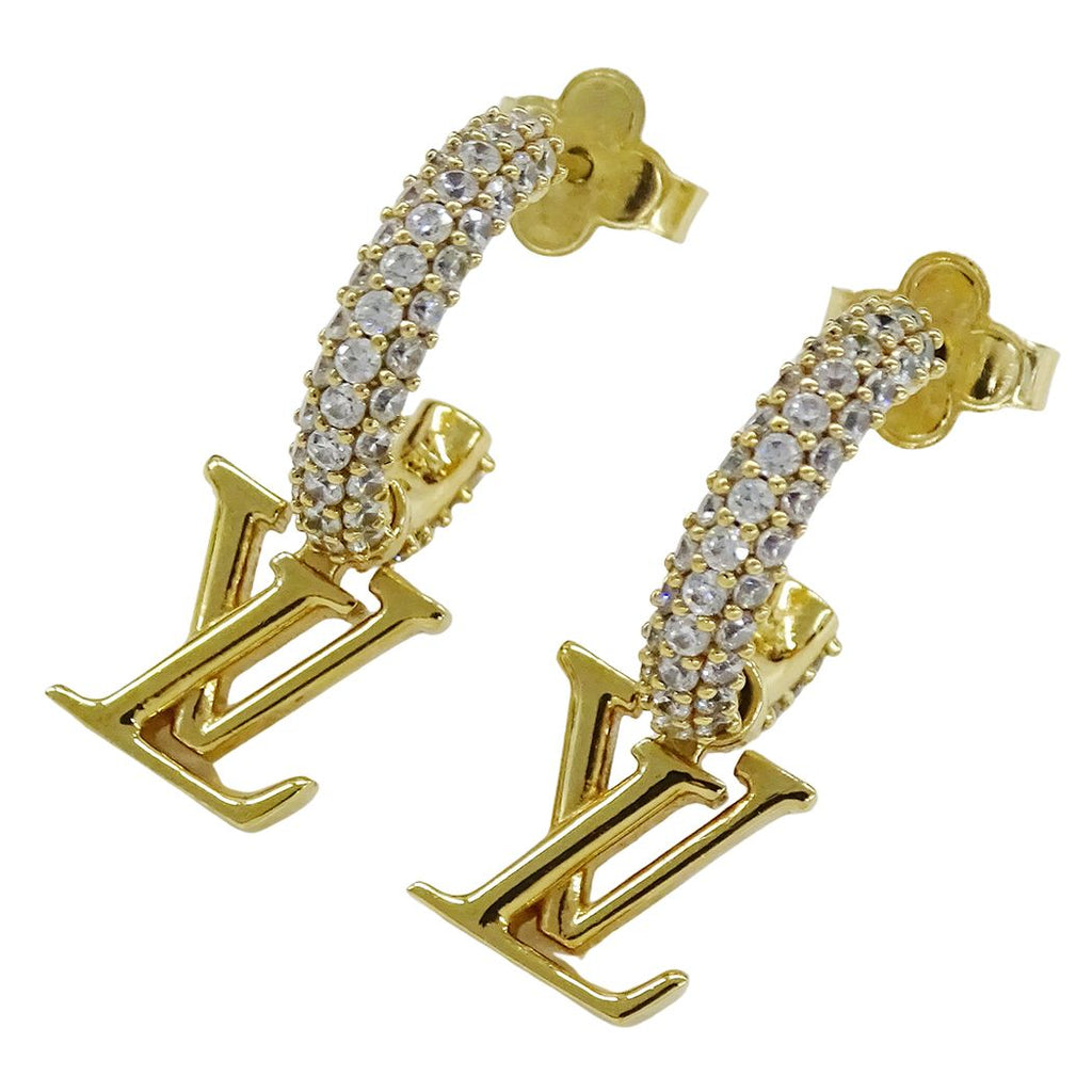 Louis Vuitton Earrings Metal Rhinestone Hoop LV Iconic Gold — view 3