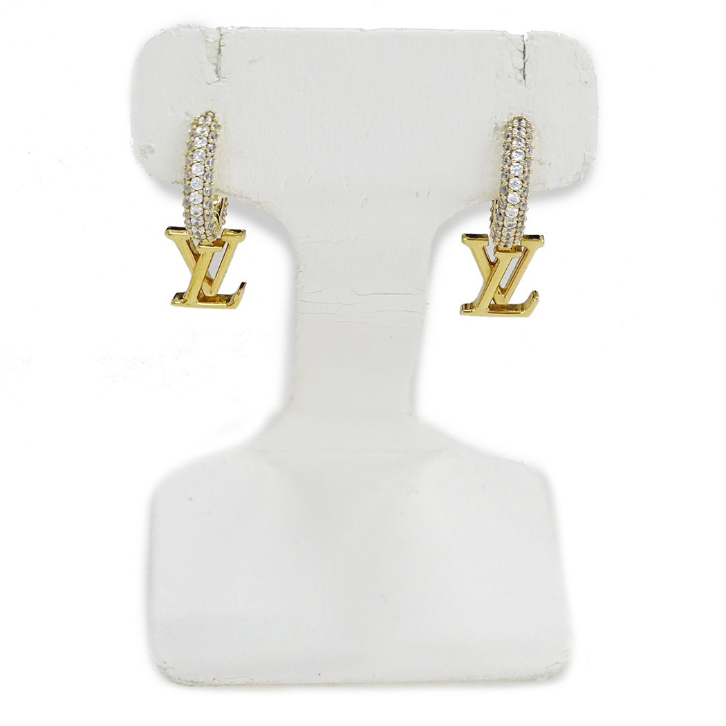 Louis Vuitton Earrings Metal Rhinestone Hoop LV Iconic Gold — view 2