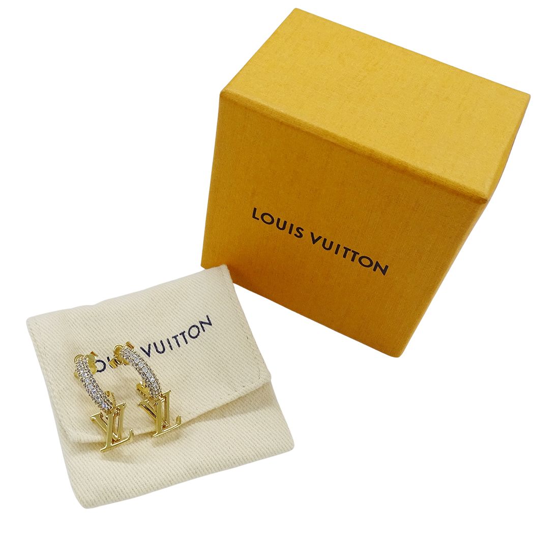 Louis Vuitton Earrings Metal Rhinestone Hoop LV Iconic Gold — view 8