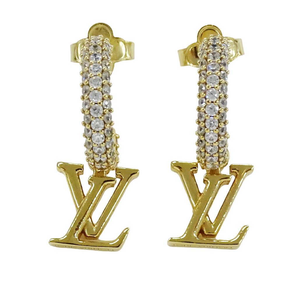 Louis Vuitton Earrings Metal Rhinestone Hoop LV Iconic Gold