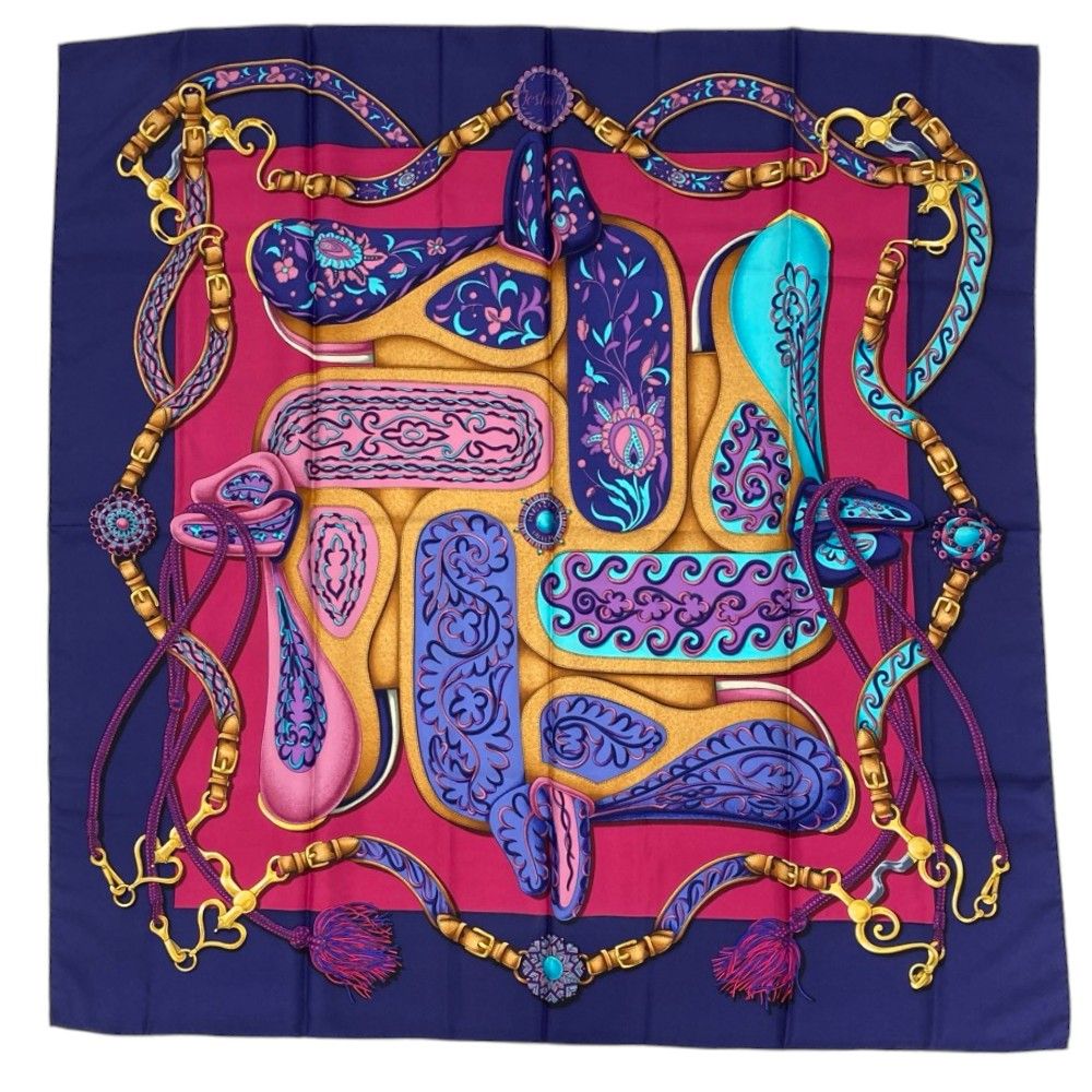 Hermes Carre 90 Festival Silk Scarf Navy Multicolor