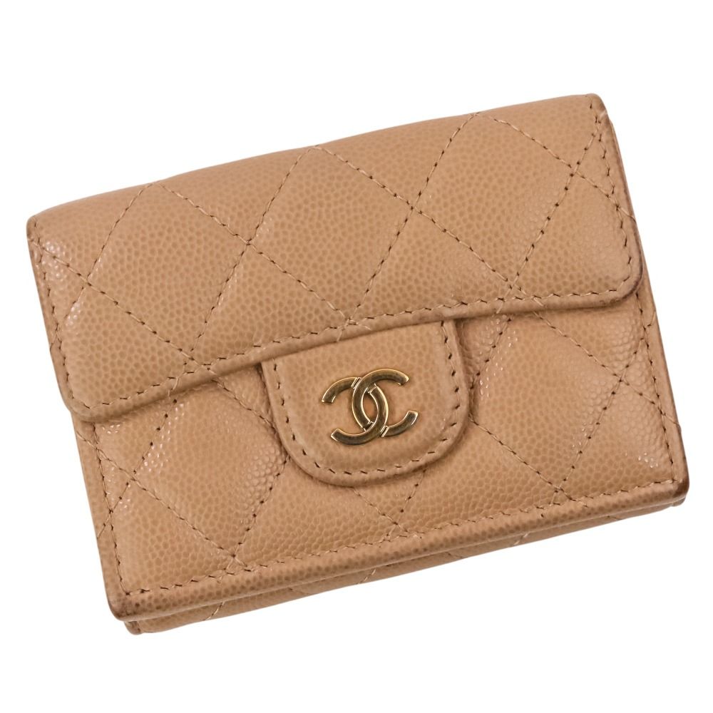Chanel Classic Small Flap Quilted Caviar Leather Compact Wallet Beige