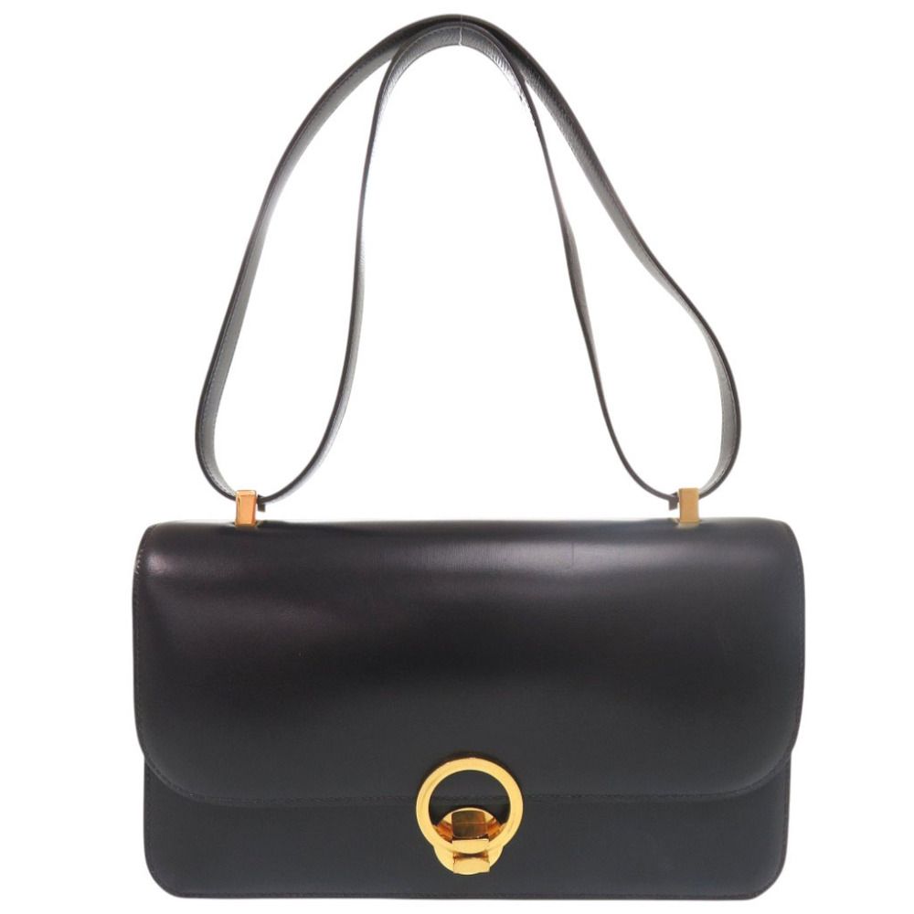 Hermes Vintage Ring Box Calf Navy Gold Shoulder Bag