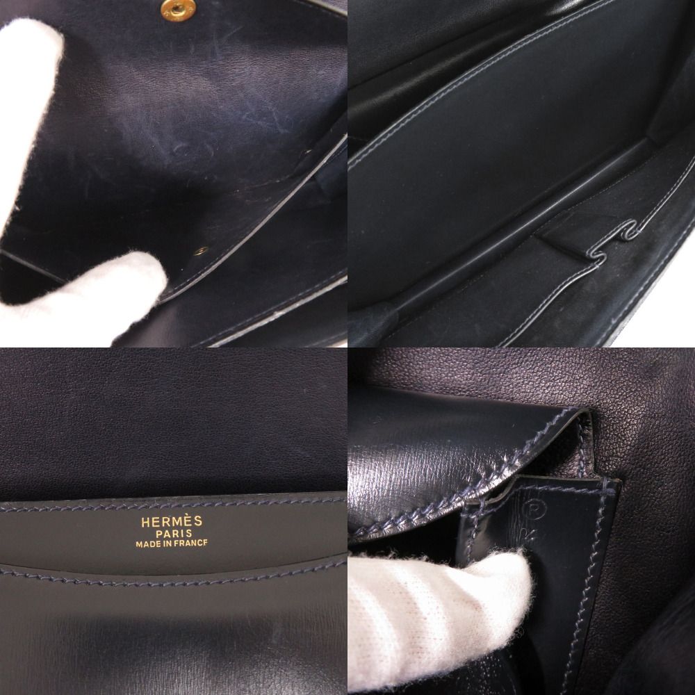 Hermes Vintage Ring Box Calf Navy Gold Shoulder Bag — view 8