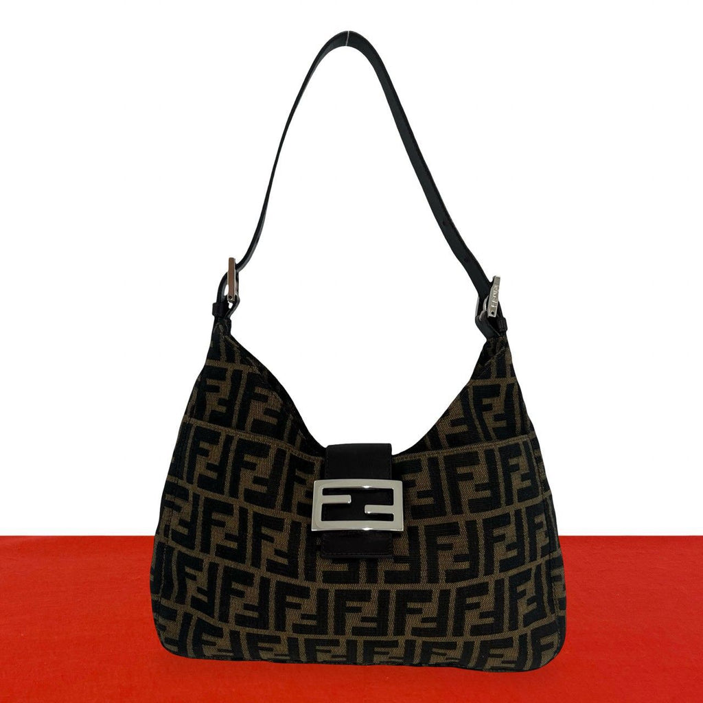 Fendi Vintage Zucca FF Pattern Canvas Leather Shoulder Bag Brown