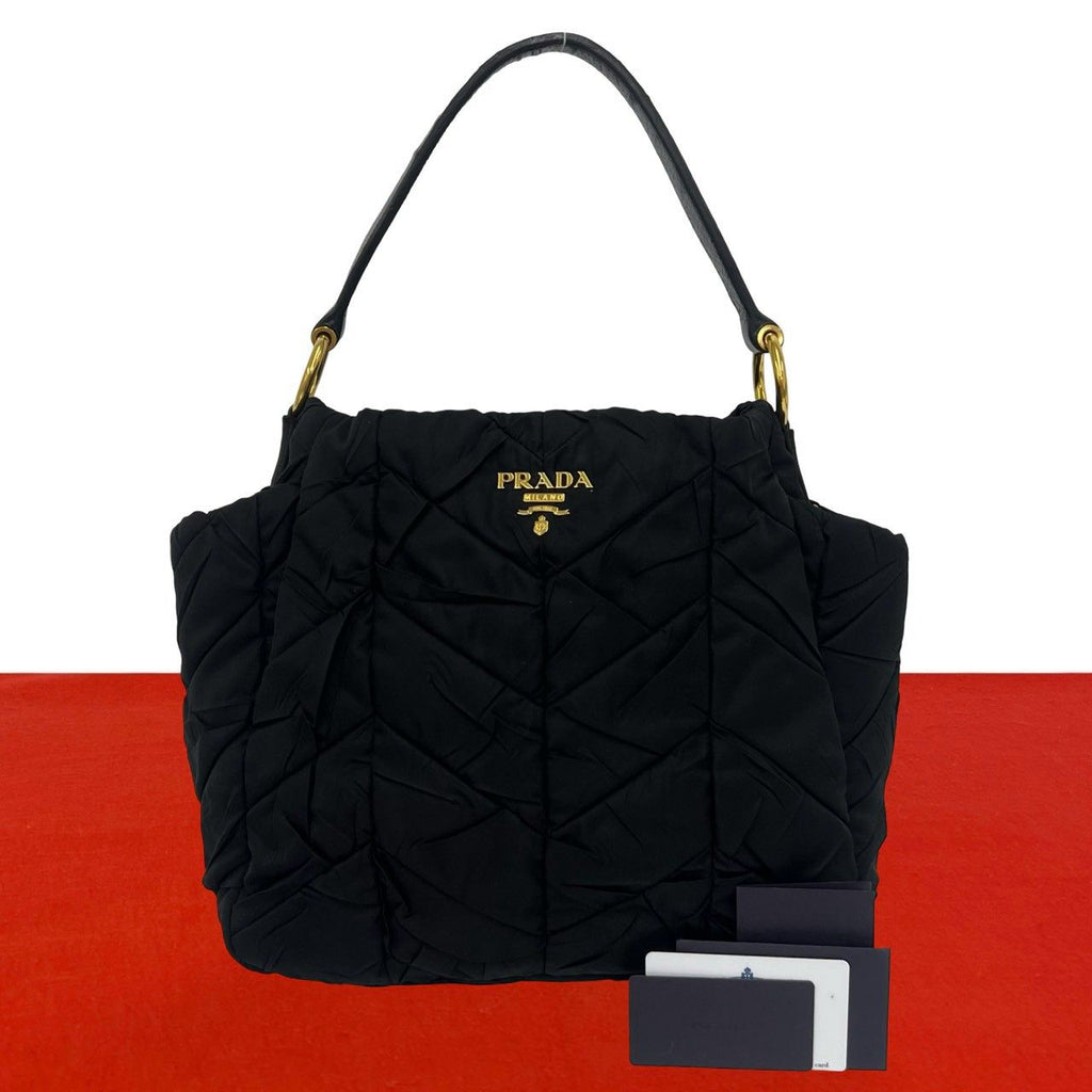Prada Logo Quilted Tessuto Pocono Nylon Patent Shoulder Bag Black