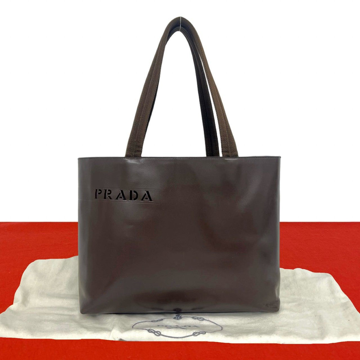 Prada Cutout Logo Leather Tote Shoulder Bag Brown