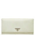 Prada Saffiano Triangle Plate Flap Wallet Zip Around Off White Leather