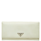 Prada Saffiano Triangle Plate Flap Wallet Zip Around Off White Leather