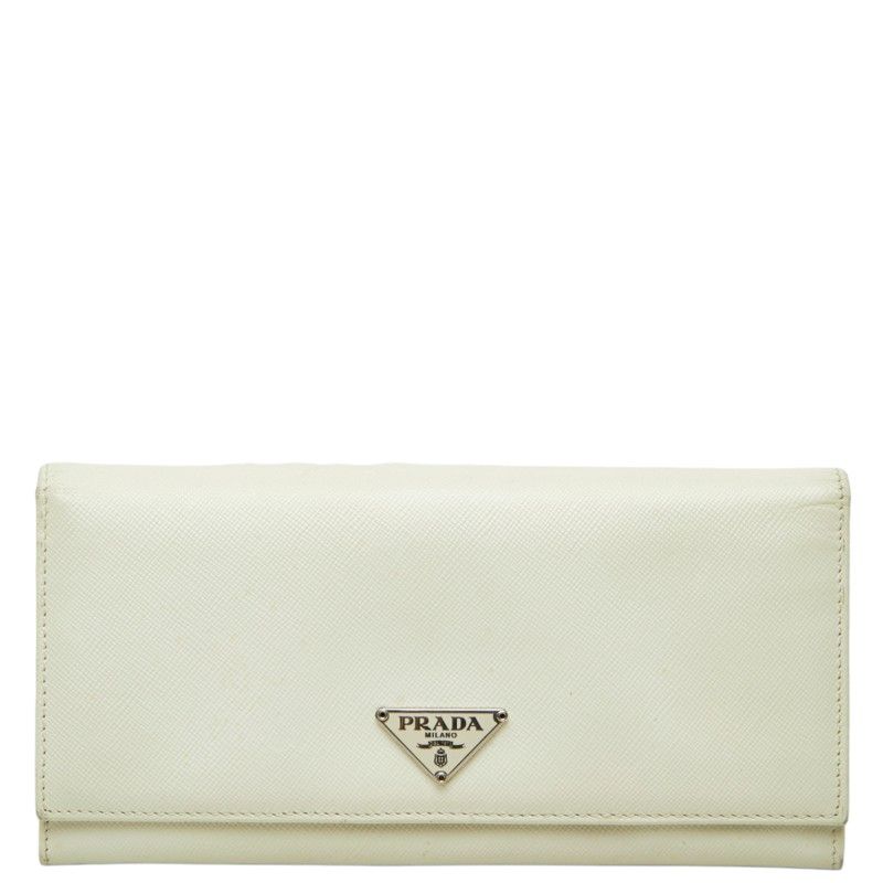Prada Saffiano Triangle Plate Flap Wallet Zip Around Off White Leather
