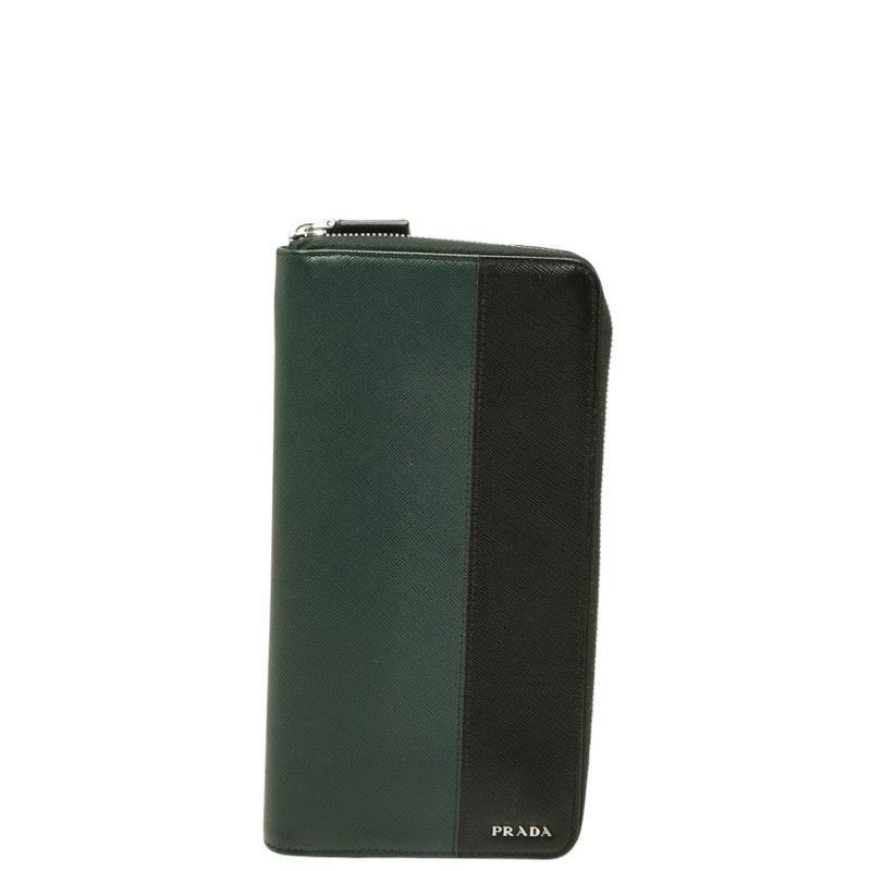 Prada Saffiano Organizer Zip Around Wallet Dark Green Leather