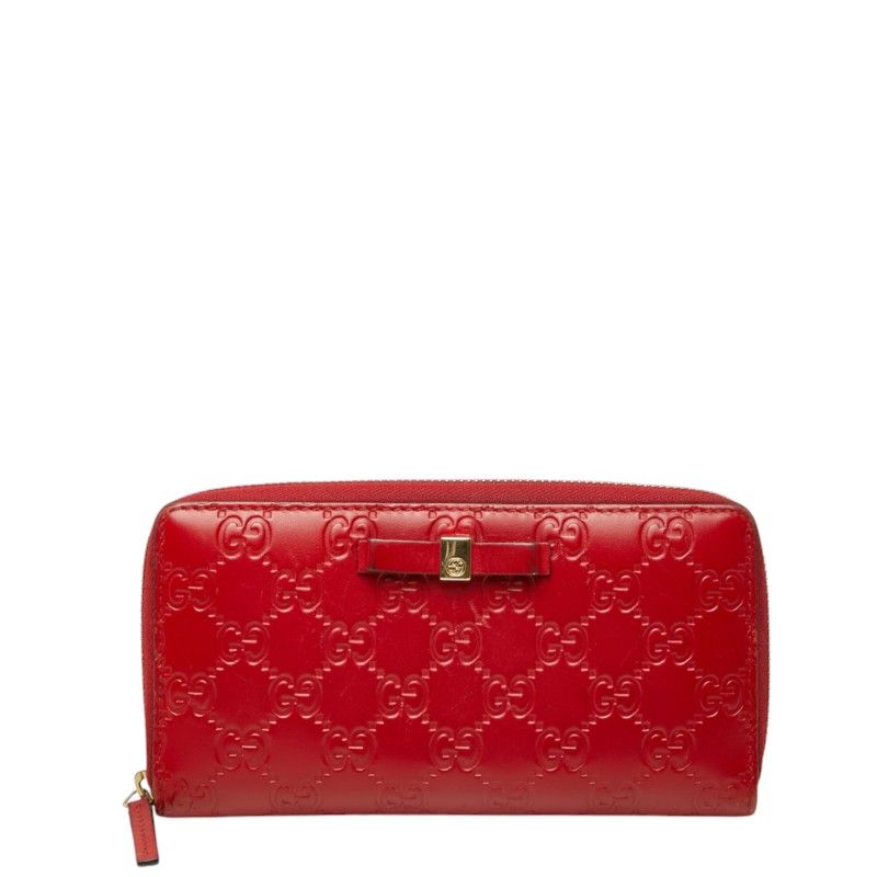 Gucci Guccissima Ribbon Motif Zip Around Wallet Red Leather