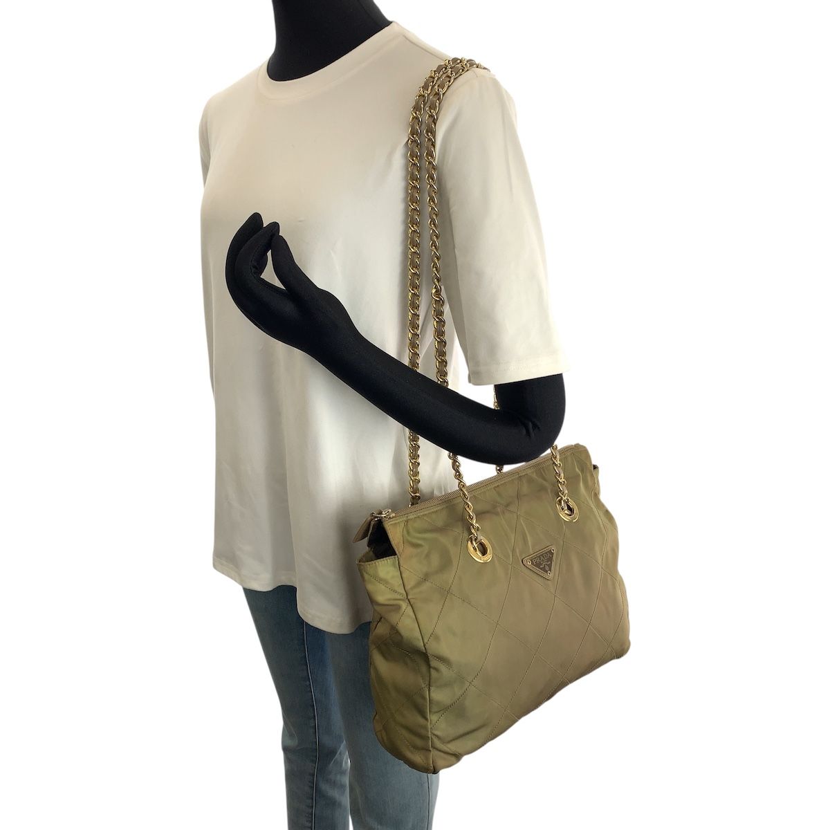 Prada Tessuto Chain Shoulder Bag Khaki Nylon — view 7
