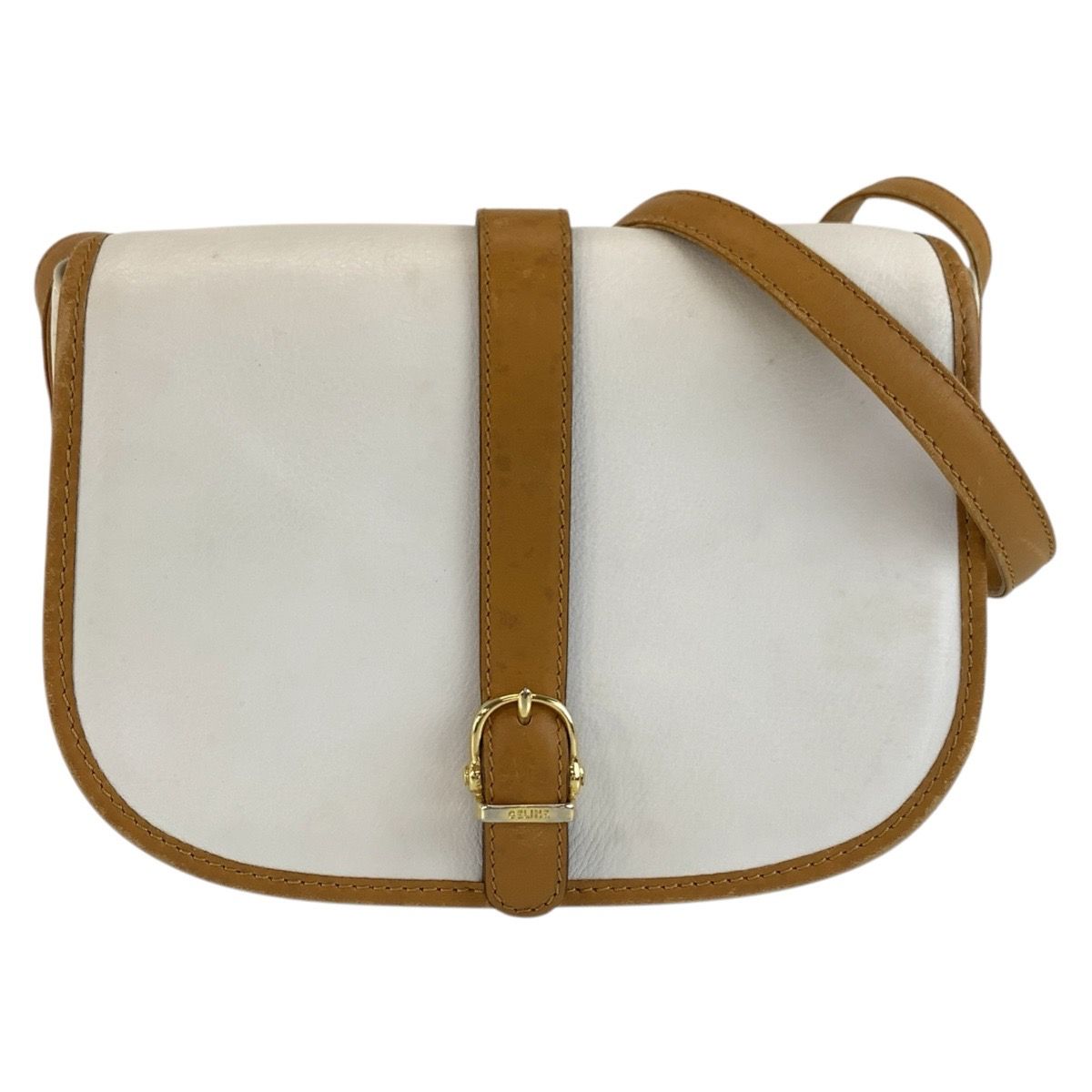 Celine Shoulder Bag Pochette White Brown Gold Leather