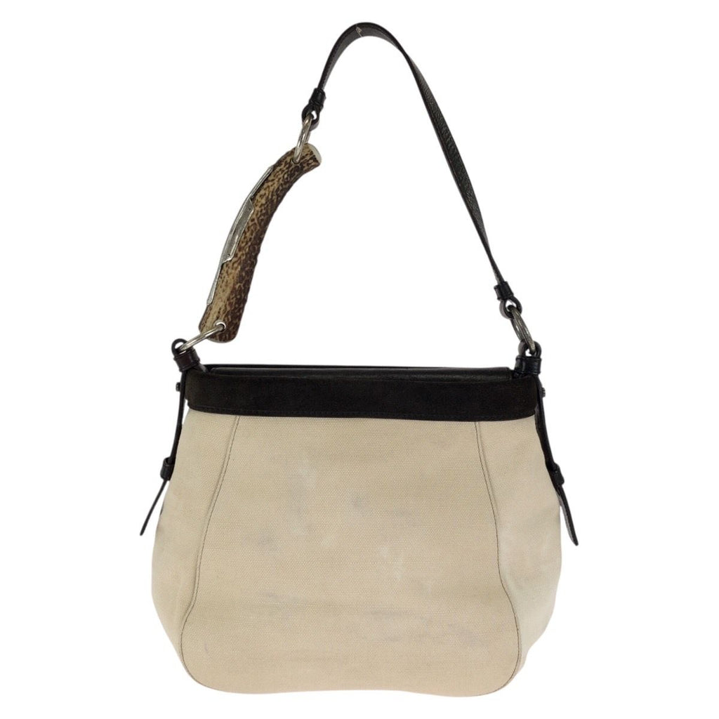 Saint Laurent Liv Gauche Mombasa Shoulder Bag White Ivory Brown Canvas Leather