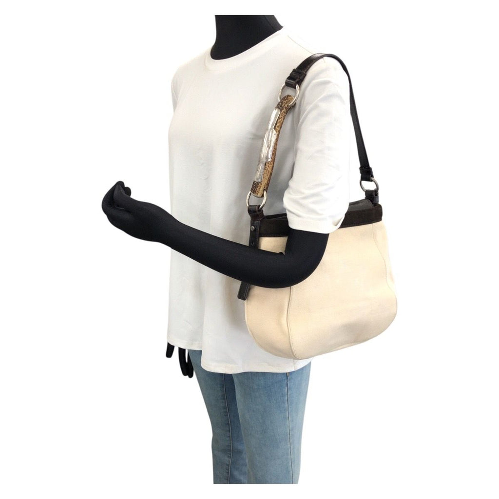 Saint Laurent Liv Gauche Mombasa Shoulder Bag White Ivory Brown Canvas Leather — view 7