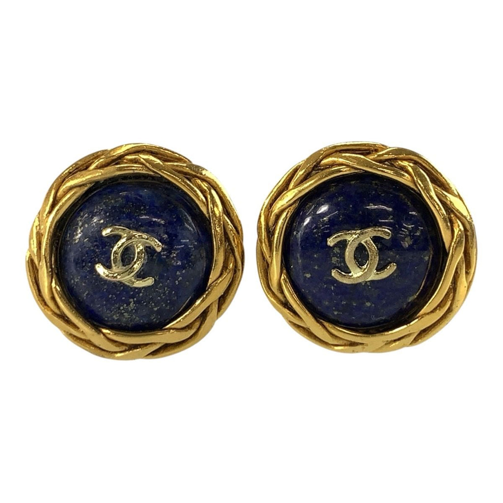 Chanel CC Logo Earrings Blue Gold Plated 95P