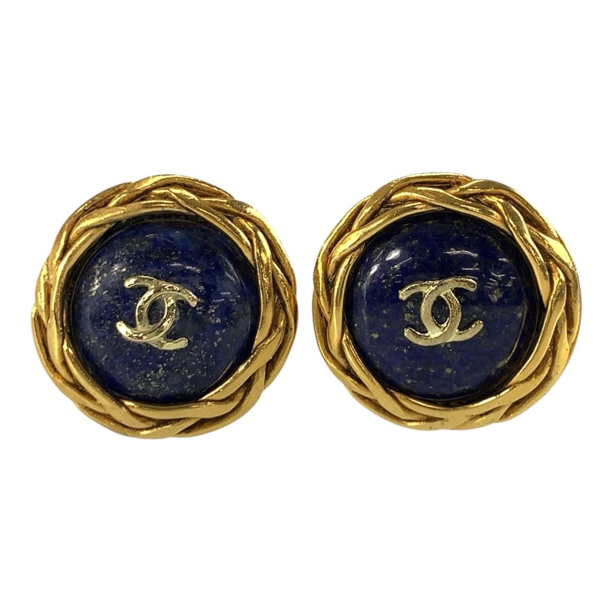 Chanel CC Logo Earrings Blue Gold Plated 95P