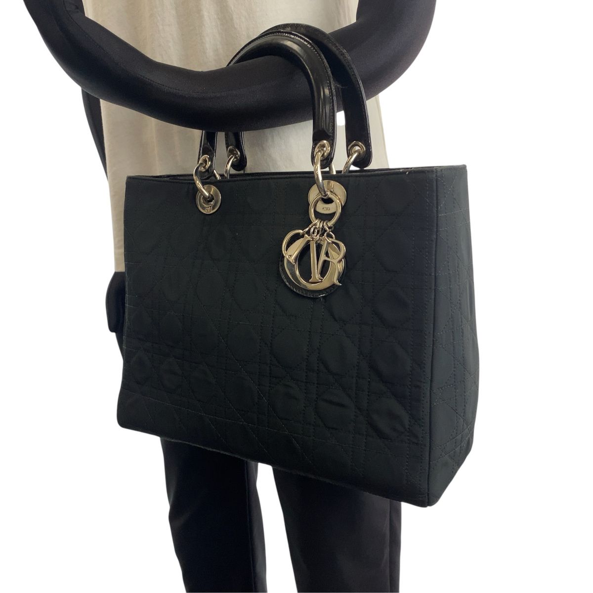 Dior Cannage Lady Dior Shoulder Bag Black Canvas Patent — view 3