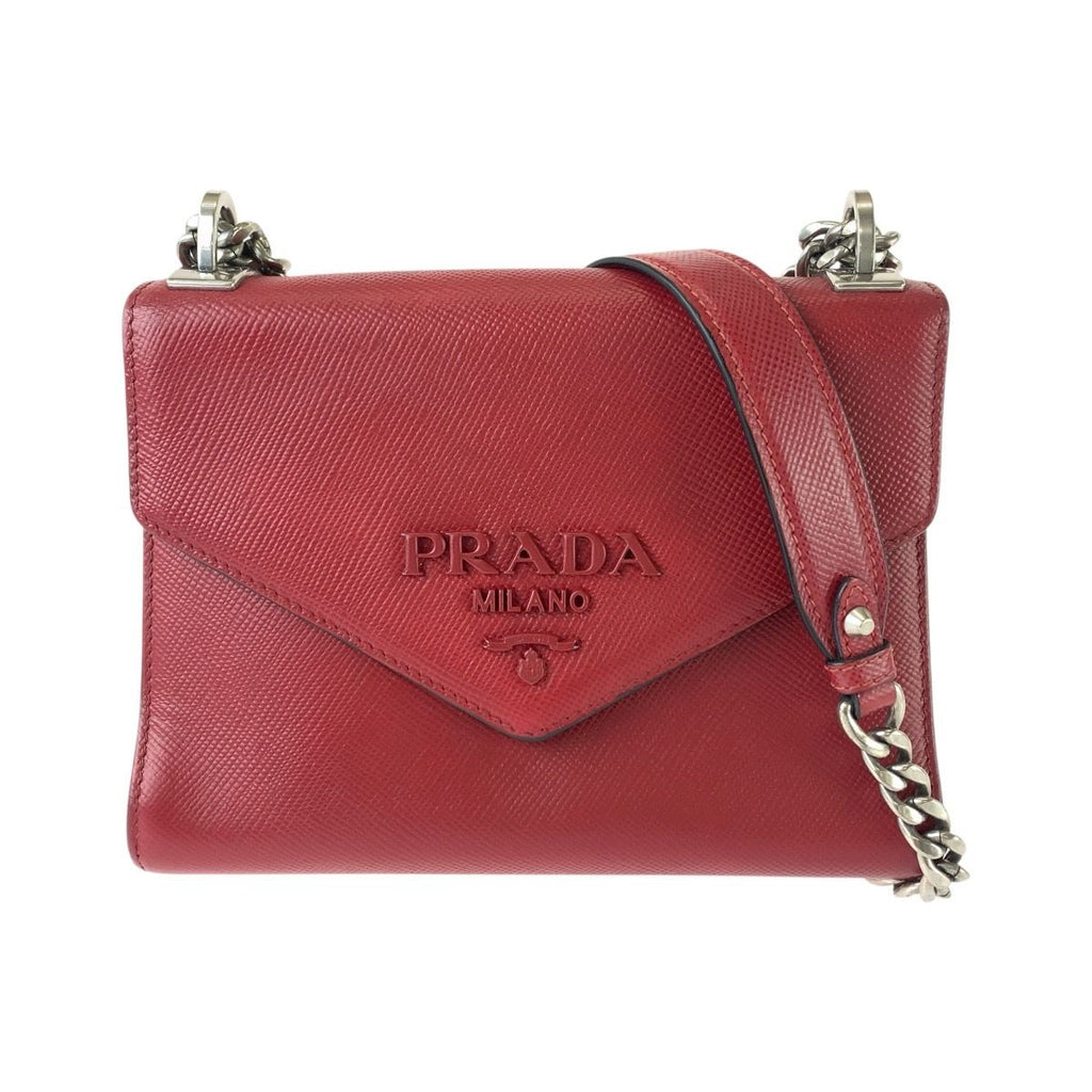 Prada Saffiano Chain Shoulder Bag Pochette Red Silver Leather