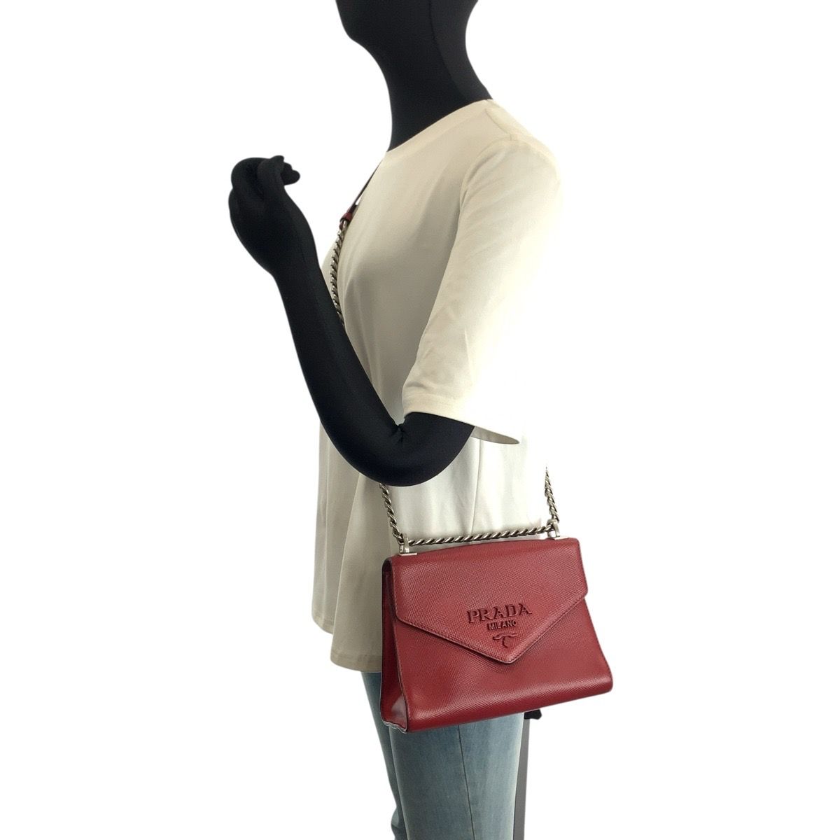 Prada Saffiano Chain Shoulder Bag Pochette Red Silver Leather — view 7