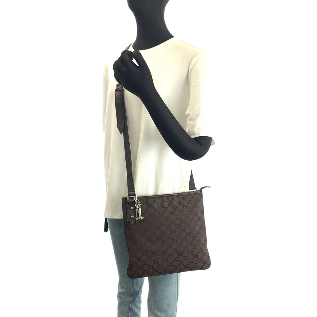 Gucci GG Pattern Shoulder Bag Brown Silver Nylon Leather — view 7