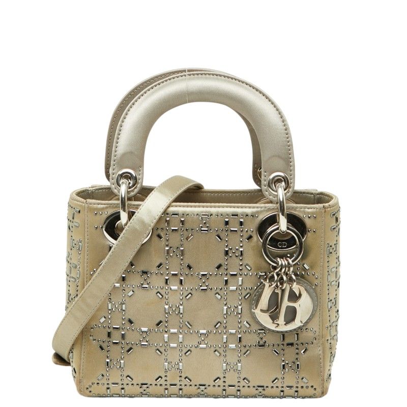 Dior Cannage Lady Dior 2-Way Shoulder Bag Greige Satin
