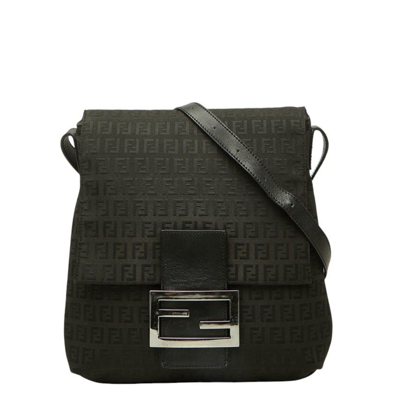 Fendi Zucchino Pattern Crossbody Flap Shoulder Bag Nero Black Canvas Leather