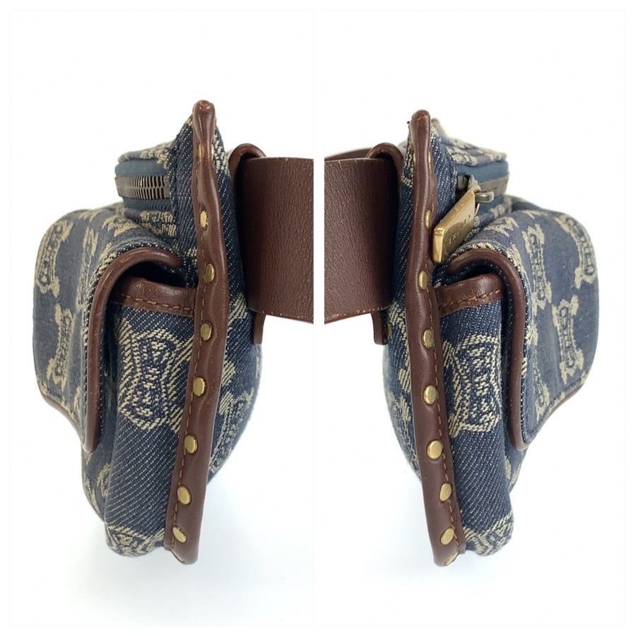 Celine Vintage Paris Macadam Blue Brown Gold Denim Leather Belt Bag Waist Pouch — view 8