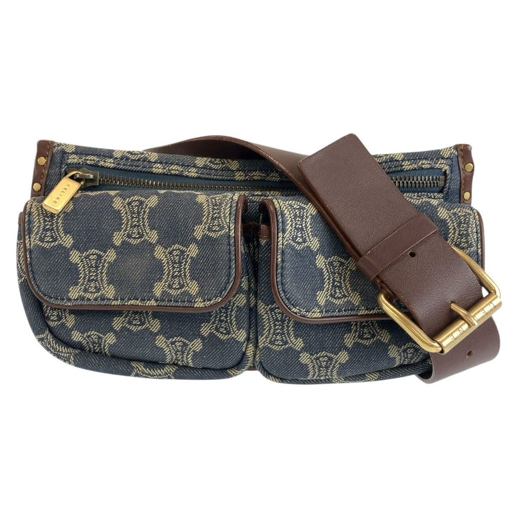 Celine Vintage Paris Macadam Blue Brown Gold Denim Leather Belt Bag Waist Pouch