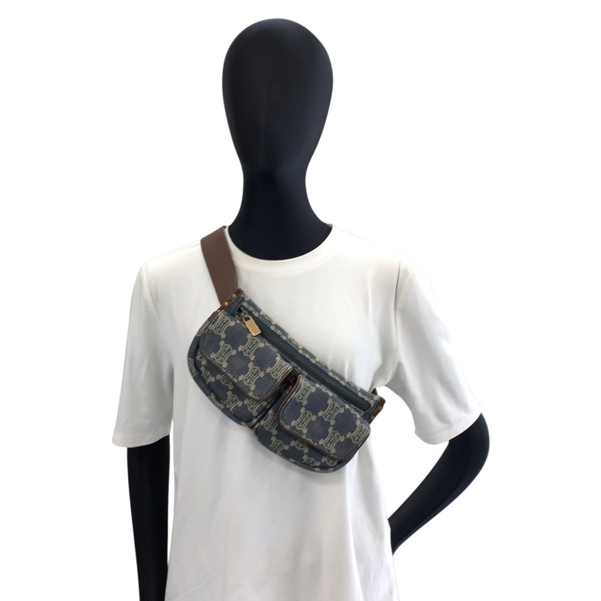 Celine Vintage Paris Macadam Blue Brown Gold Denim Leather Belt Bag Waist Pouch — view 7