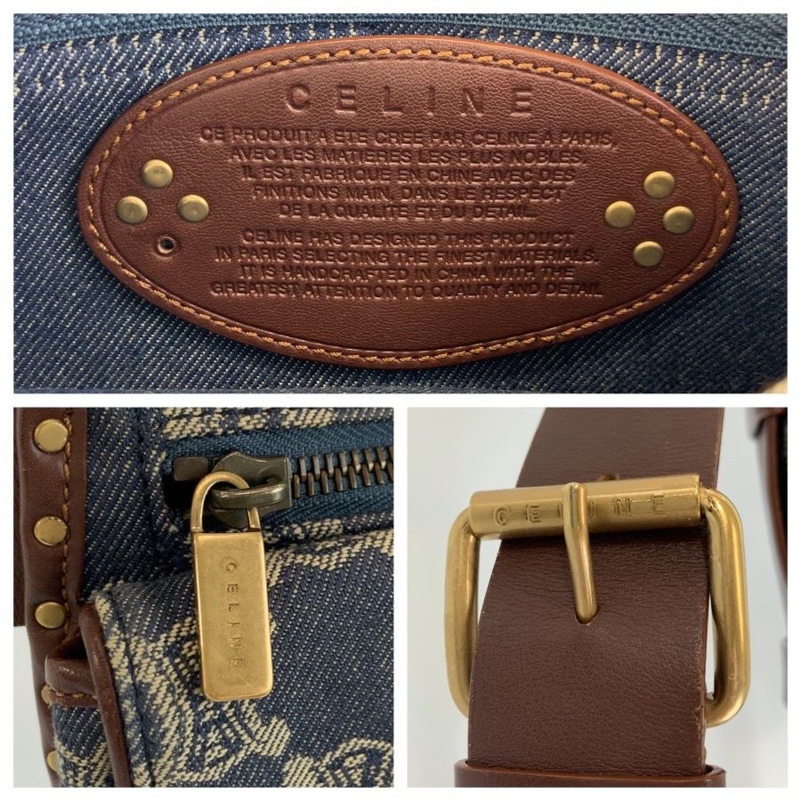 Celine Vintage Paris Macadam Blue Brown Gold Denim Leather Belt Bag Waist Pouch — view 3