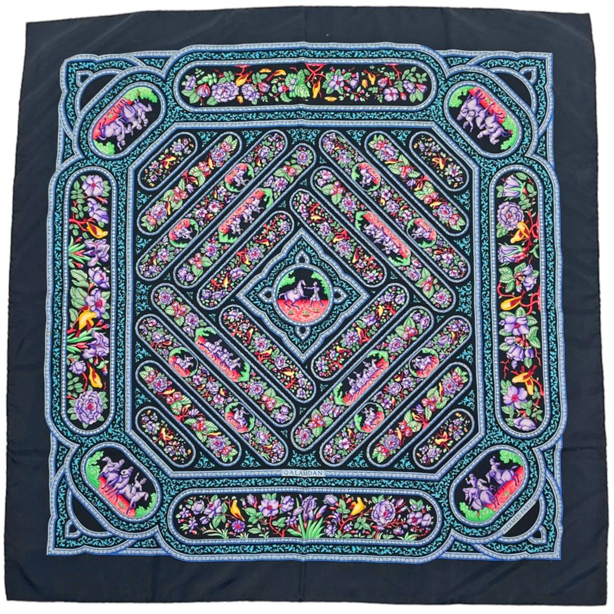 Hermes Carre 90 Qalamdan Scarf Silk Black Multicolor