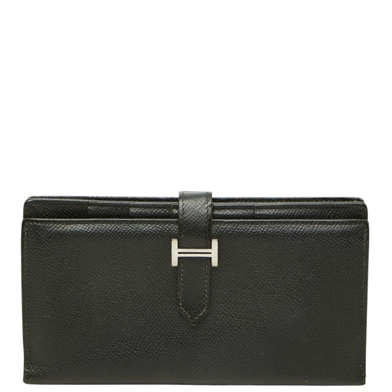 Hermes Bearn Soufflet Bifold Wallet Black Silver Veau Epsom