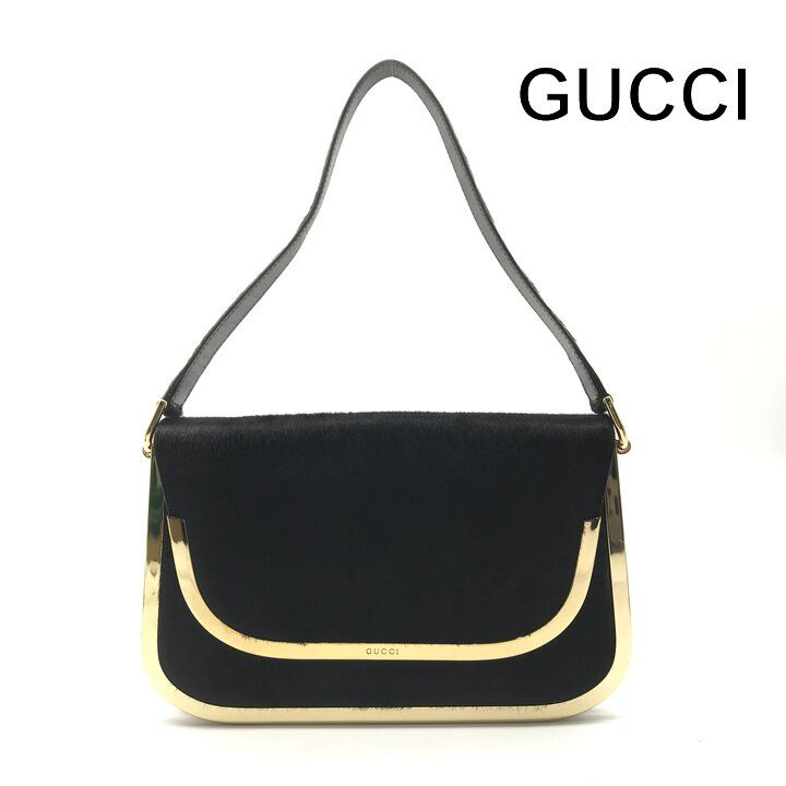 Gucci Calf Hair Shoulder Bag Tom Ford Era Vintage Metal Black Gold