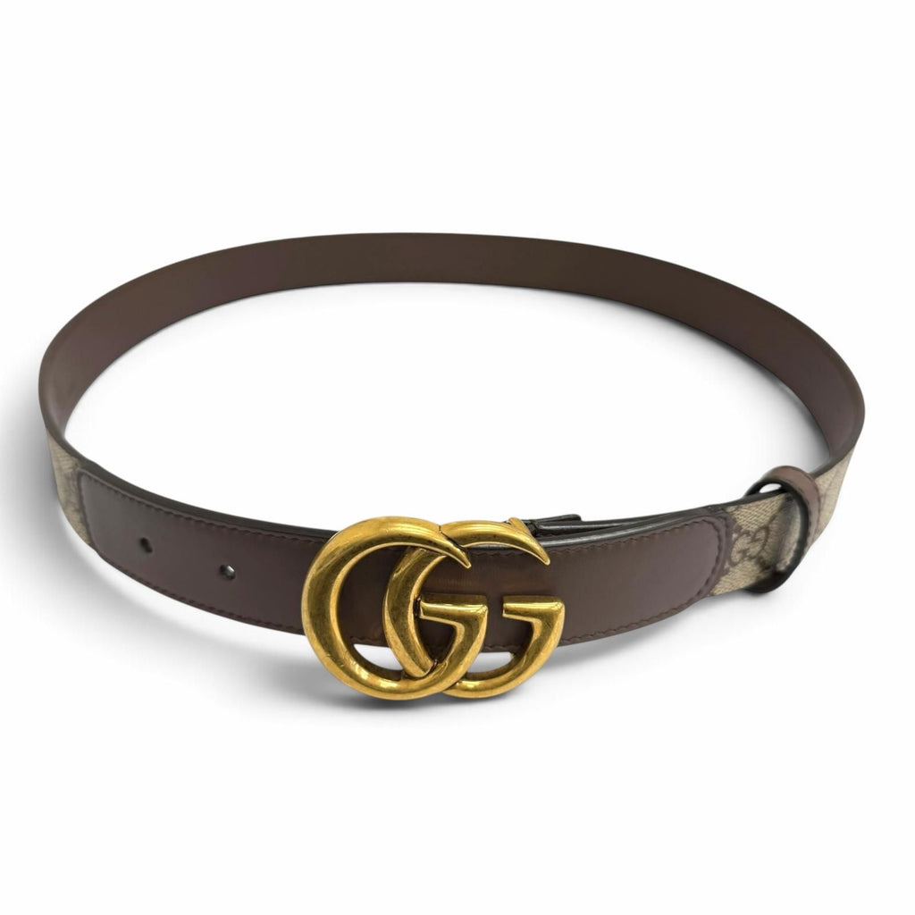 Gucci GG Supreme Canvas Logo Buckle Leather Belt Beige Brown Gold — view 2