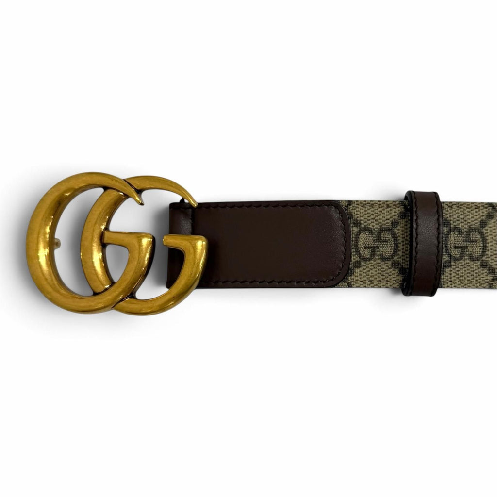 Gucci GG Supreme Canvas Logo Buckle Leather Belt Beige Brown Gold — view 4