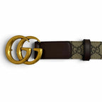 Gucci GG Supreme Canvas Logo Buckle Leather Belt Beige Brown Gold — view 4