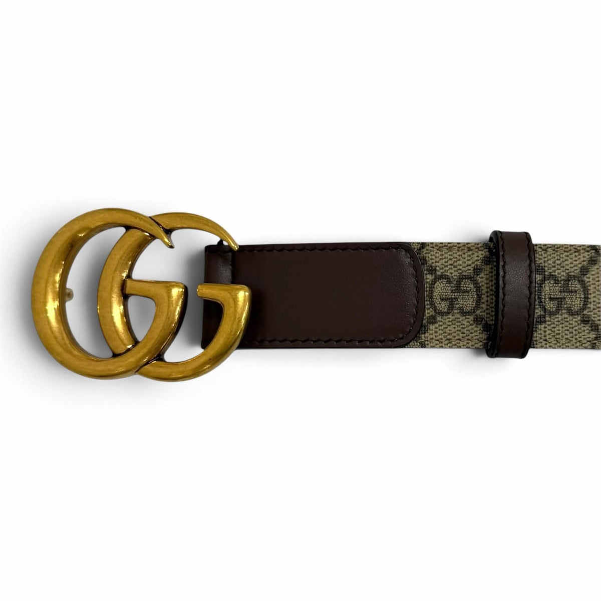 Gucci GG Supreme Canvas Logo Buckle Leather Belt Beige Brown Gold — view 4