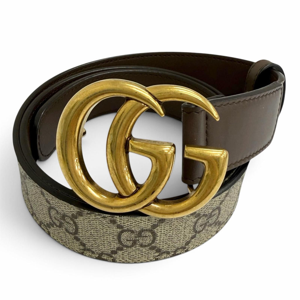 Gucci GG Supreme Canvas Logo Buckle Leather Belt Beige Brown Gold