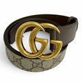 Gucci GG Supreme Canvas Logo Buckle Leather Belt Beige Brown Gold